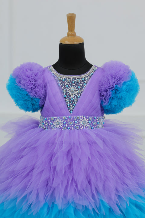 Pre-Order: Lavender & Sky Blue  Feather Frilled Gown With Rich Golden Bead Work Gown