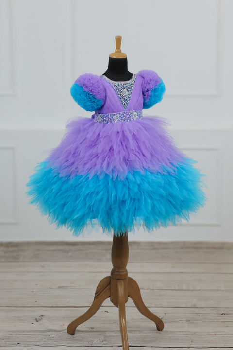 Pre-Order: Lavender & Sky Blue  Feather Frilled Gown With Rich Golden Bead Work Gown