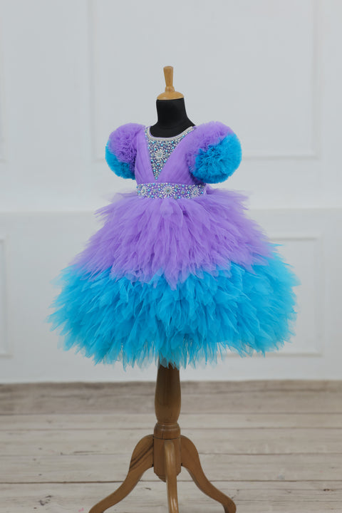 Pre-Order: Lavender & Sky Blue  Feather Frilled Gown With Rich Golden Bead Work Gown