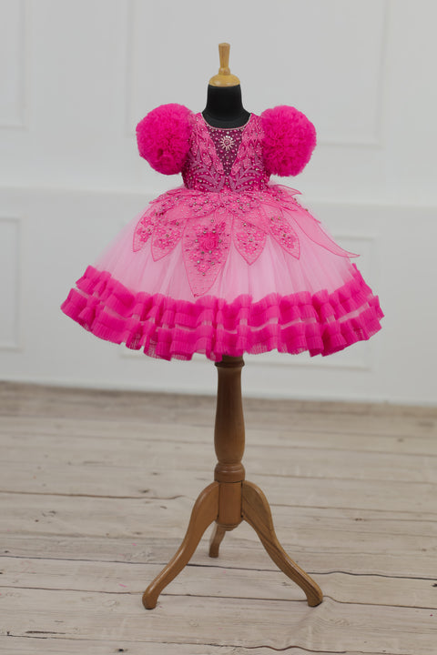 Pre-Order: Baby Pink and  Hot Pink Part Wear Gown with Heavy and Crafted Yoke and Petal Detailing