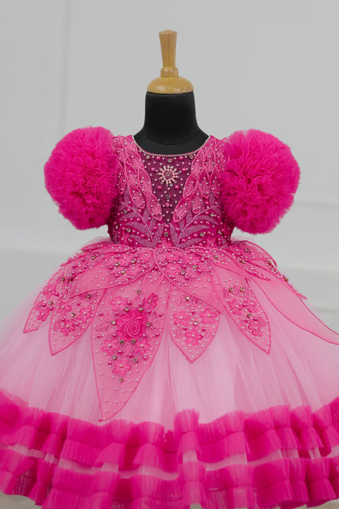 Pre-Order: Baby Pink and  Hot Pink Part Wear Gown with Heavy and Crafted Yoke and Petal Detailing