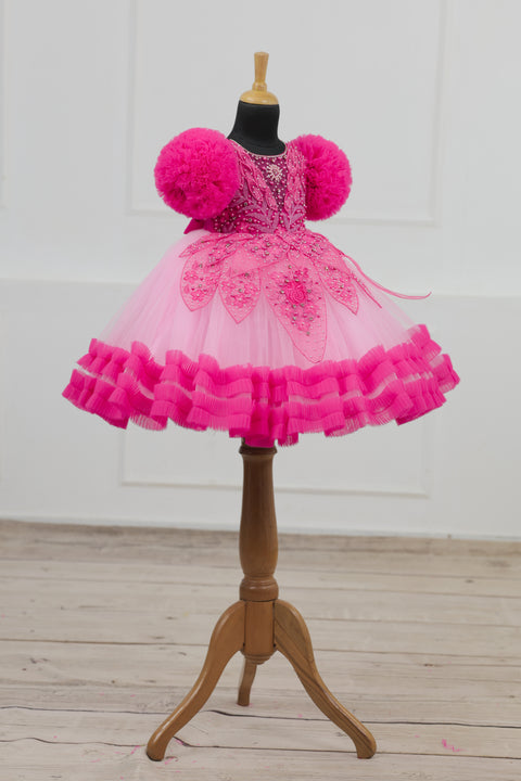 Pre-Order: Baby Pink and  Hot Pink Part Wear Gown with Heavy and Crafted Yoke and Petal Detailing