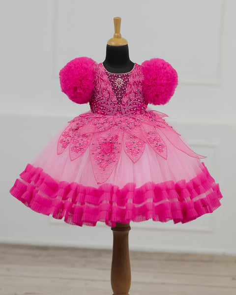 Pre-Order: Baby Pink and  Hot Pink Part Wear Gown with Heavy and Crafted Yoke and Petal Detailing