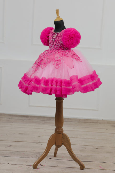 Pre-Order: Baby Pink and  Hot Pink Part Wear Gown with Heavy and Crafted Yoke and Petal Detailing