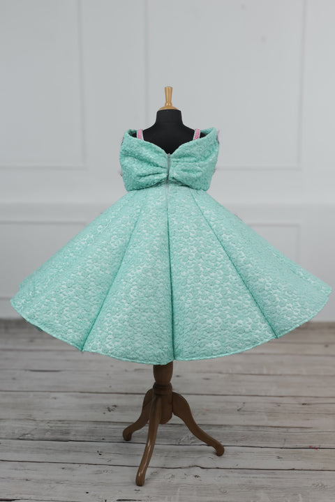 Pre-Order: AQUA Marine Blue Panel Gown Highlighted with Handcrafted Pink Butterfly Patches.