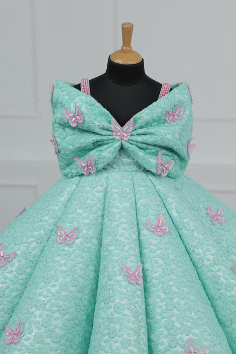 Pre-Order: AQUA Marine Blue Panel Gown Highlighted with Handcrafted Pink Butterfly Patches.