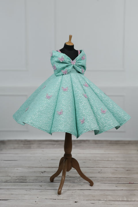 Pre-Order: AQUA Marine Blue Panel Gown Highlighted with Handcrafted Pink Butterfly Patches.