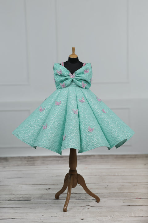 Pre-Order: AQUA Marine Blue Panel Gown Highlighted with Handcrafted Pink Butterfly Patches.
