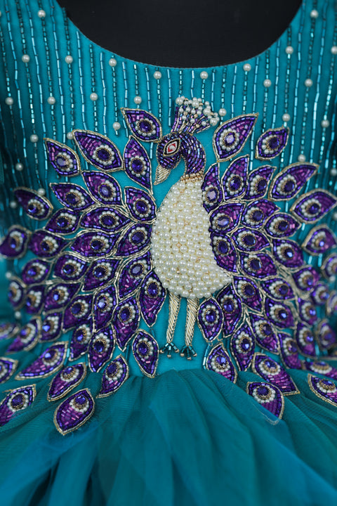 Pre-Order: Peacock Double Shaded Feather Frill with Heavy Intrecated Handwork on Yoke