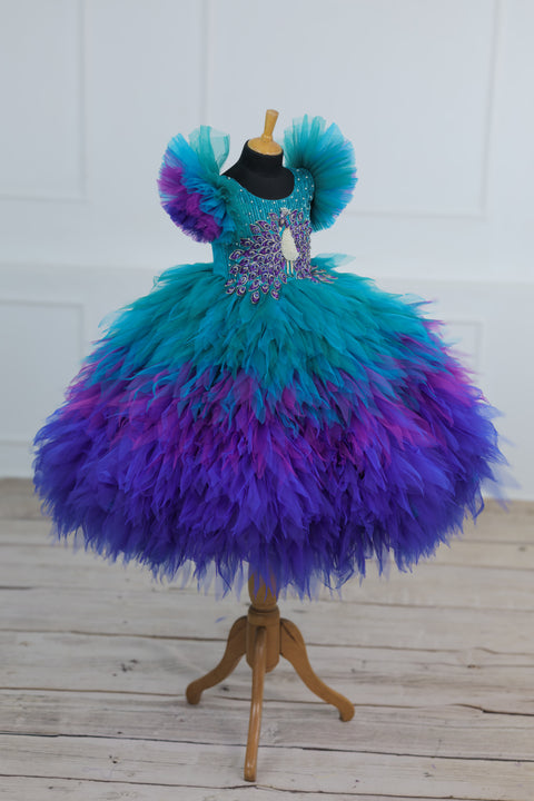 Pre-Order: Peacock Double Shaded Feather Frill with Heavy Intrecated Handwork on Yoke