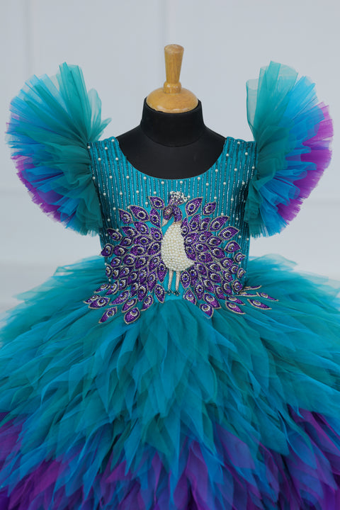 Pre-Order: Peacock Double Shaded Feather Frill with Heavy Intrecated Handwork on Yoke
