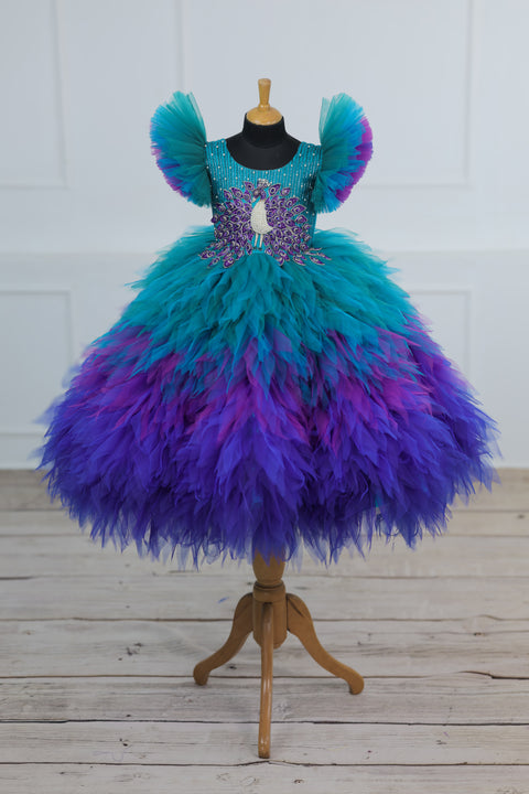 Pre-Order: Peacock Double Shaded Feather Frill with Heavy Intrecated Handwork on Yoke