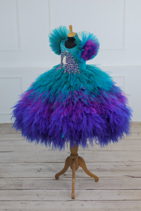 Pre-Order: Peacock Double Shaded Feather Frill with Heavy Intrecated Handwork on Yoke
