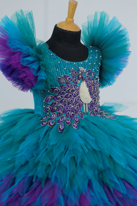 Pre-Order: Peacock Double Shaded Feather Frill with Heavy Intrecated Handwork on Yoke