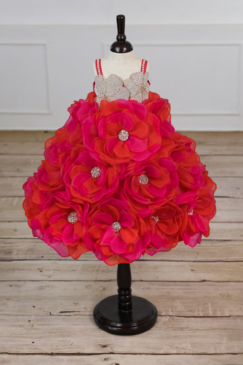 Pre-Order: Pink and Orange Short Frock Highlighted with Hand Embellished Flower Petals.