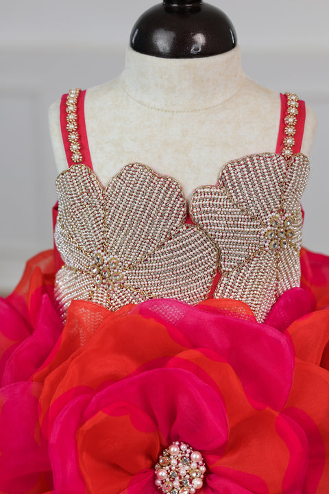 Pre-Order: Pink and Orange Short Frock Highlighted with Hand Embellished Flower Petals.