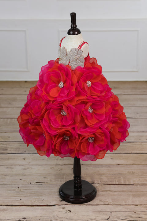 Pre-Order: Pink and Orange Short Frock Highlighted with Hand Embellished Flower Petals.
