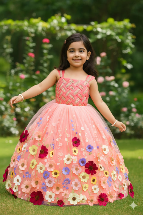 Pre-Order: Coral Embroidery Ball Gown with Weaving Yoke Pattern and Highlighted Handwork.