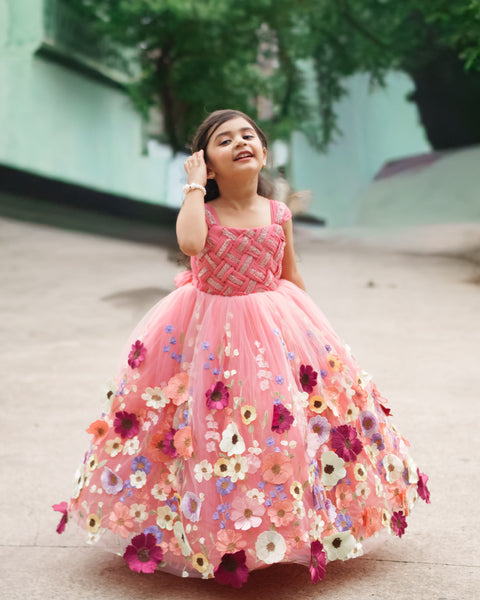 Pre-Order: Coral Embroidery Ball Gown with Weaving Yoke Pattern and Highlighted Handwork.