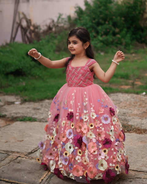 Pre-Order: Coral Embroidery Ball Gown with Weaving Yoke Pattern and Highlighted Handwork.