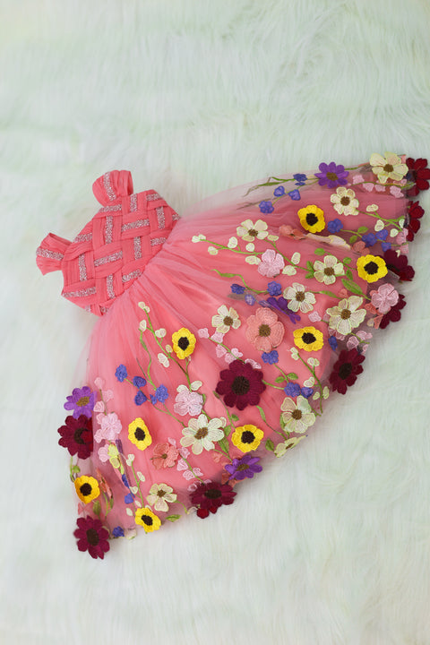Pre-Order: Coral Embroidery Ball Gown with Weaving Yoke Pattern and Highlighted Handwork.