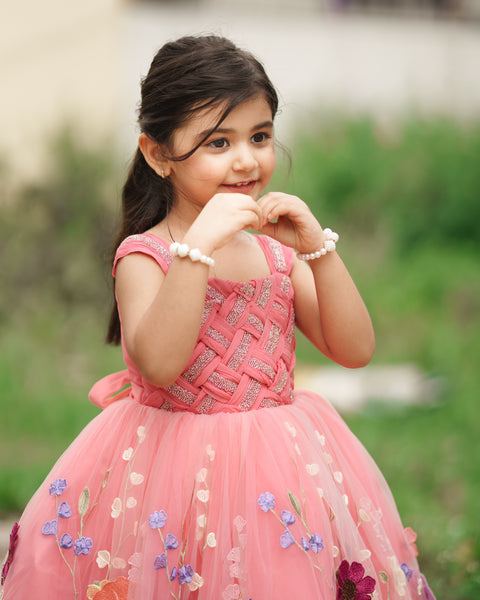 Pre-Order: Coral Embroidery Ball Gown with Weaving Yoke Pattern and Highlighted Handwork.