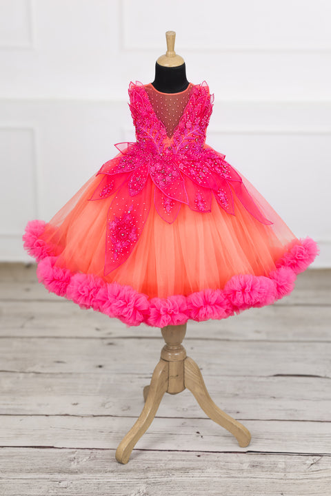 Pre-Order: coral and fuchsia pink  party wear gown with heavy and crafted yoke and petal detailing