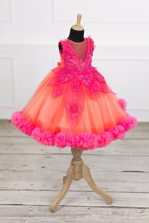 Pre-Order: coral and fuchsia pink  party wear gown with heavy and crafted yoke and petal detailing