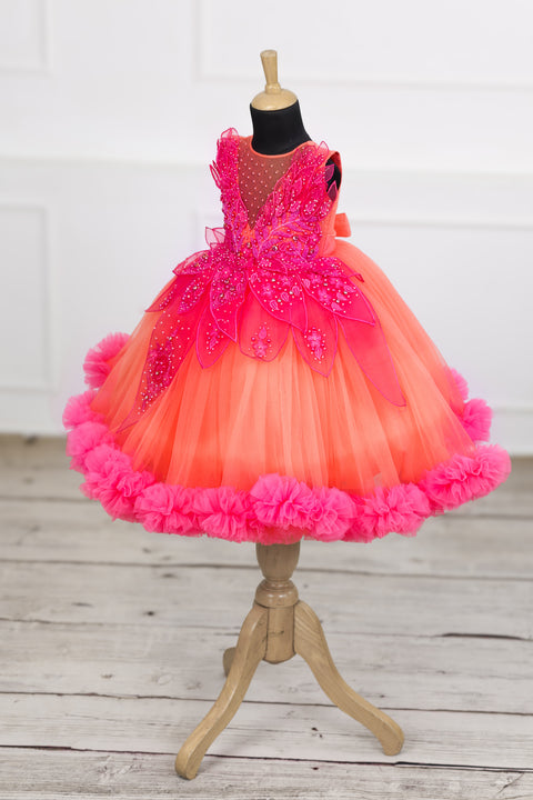 Pre-Order: coral and fuchsia pink  party wear gown with heavy and crafted yoke and petal detailing