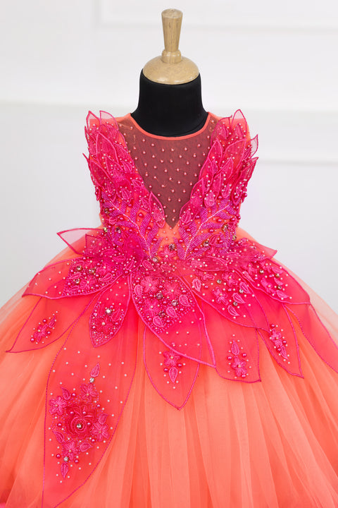 Pre-Order: coral and fuchsia pink  party wear gown with heavy and crafted yoke and petal detailing