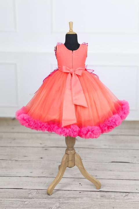 Pre-Order: coral and fuchsia pink  party wear gown with heavy and crafted yoke and petal detailing