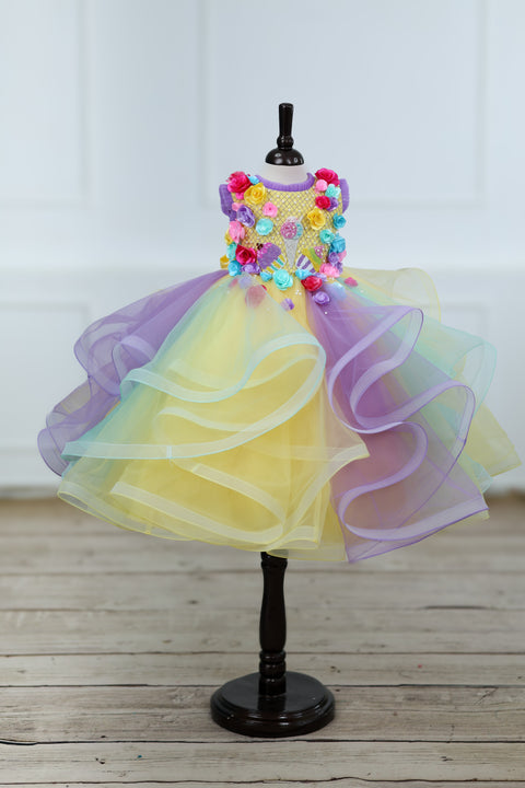 Pre-Order: Multicolour Swirled Gown with Handcrafted Flowers and Highlighted Ice Cream Patches