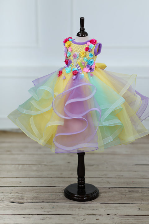 Pre-Order: Multicolour Swirled Gown with Handcrafted Flowers and Highlighted Ice Cream Patches