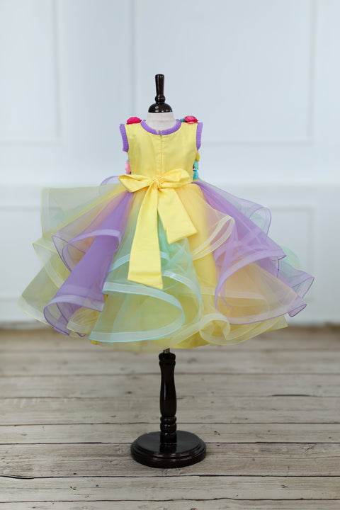 Pre-Order: Multicolour Swirled Gown with Handcrafted Flowers and Highlighted Ice Cream Patches