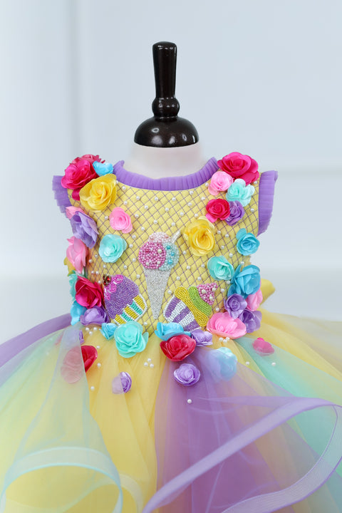 Pre-Order: Multicolour Swirled Gown with Handcrafted Flowers and Highlighted Ice Cream Patches