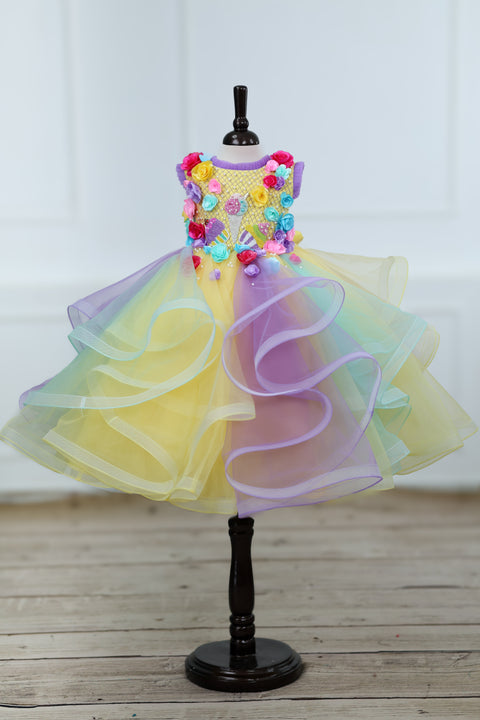 Pre-Order: Multicolour Swirled Gown with Handcrafted Flowers and Highlighted Ice Cream Patches