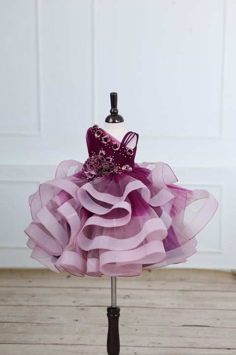 Pre-Order: Plum Purple and Onion Pink ombre shaded pleated one shoulder couture gown