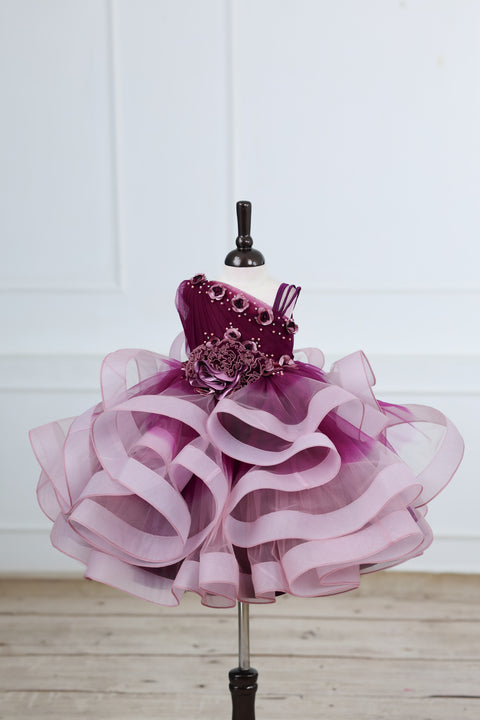 Pre-Order: Plum Purple and Onion Pink ombre shaded pleated one shoulder couture gown