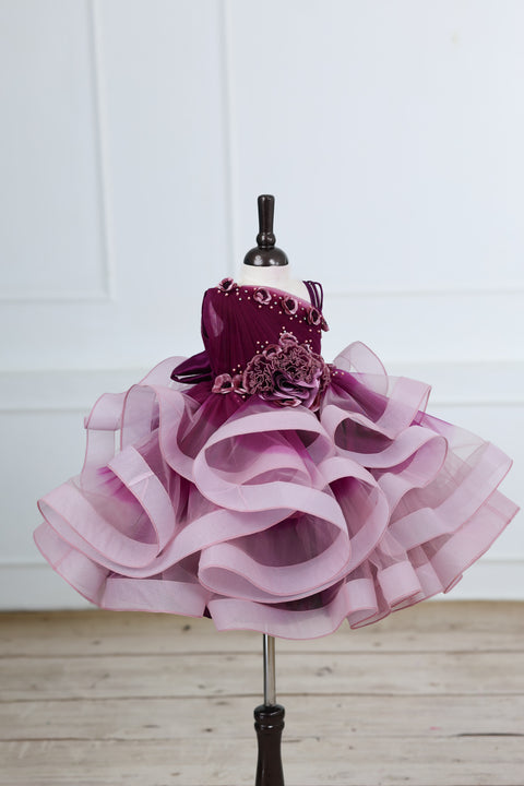 Pre-Order: Plum Purple and Onion Pink ombre shaded pleated one shoulder couture gown