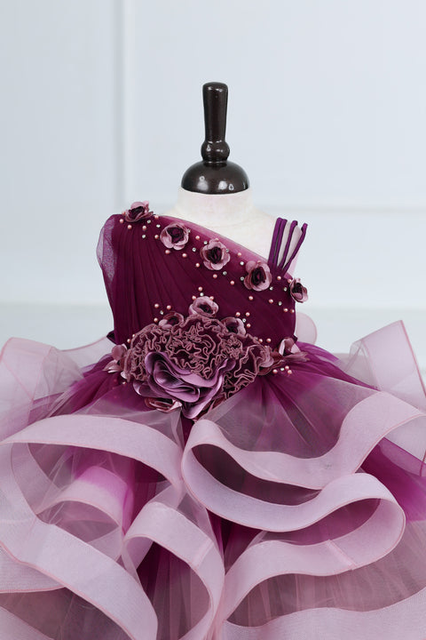 Pre-Order: Plum Purple and Onion Pink ombre shaded pleated one shoulder couture gown