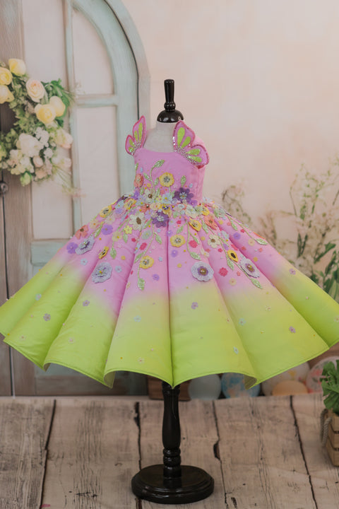Pre-Order: Lime Green and Baby Pink Panel  Gown with Heavy Embellished Flowers