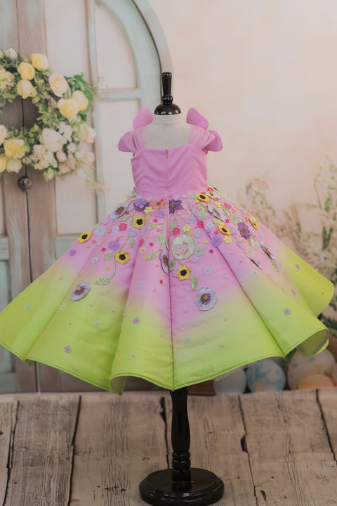 Pre-Order: Lime Green and Baby Pink Panel  Gown with Heavy Embellished Flowers