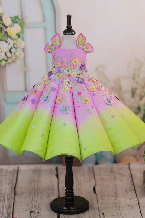 Pre-Order: Lime Green and Baby Pink Panel  Gown with Heavy Embellished Flowers