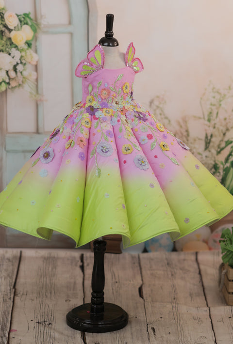 Pre-Order: Lime Green and Baby Pink Panel  Gown with Heavy Embellished Flowers
