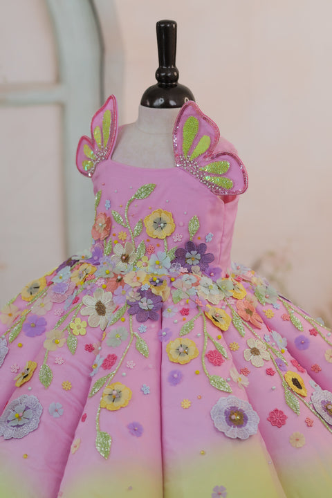 Pre-Order: Lime Green and Baby Pink Panel  Gown with Heavy Embellished Flowers