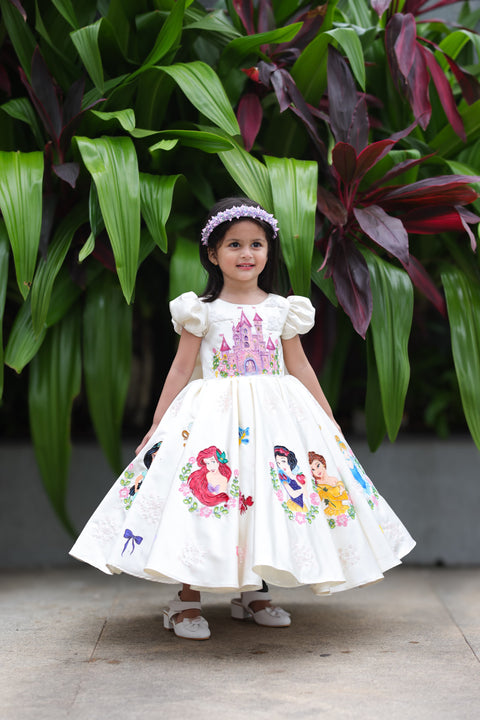 Pre-Order: Enchanting hand-painted frock featuring princesses and a fairytale castle—perfect for a magical occasion.