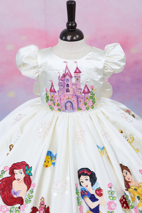 Pre-Order: Enchanting hand-painted frock featuring princesses and a fairytale castle—perfect for a magical occasion.