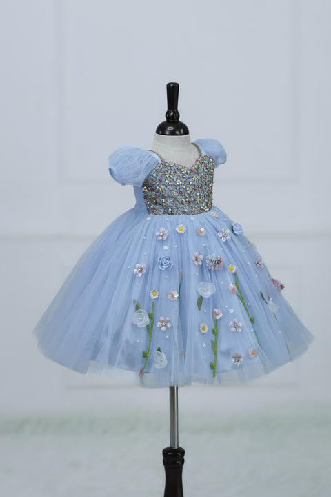 Pre-Order: Dusty Blue Gown with Intricate Handworks and Flowers
