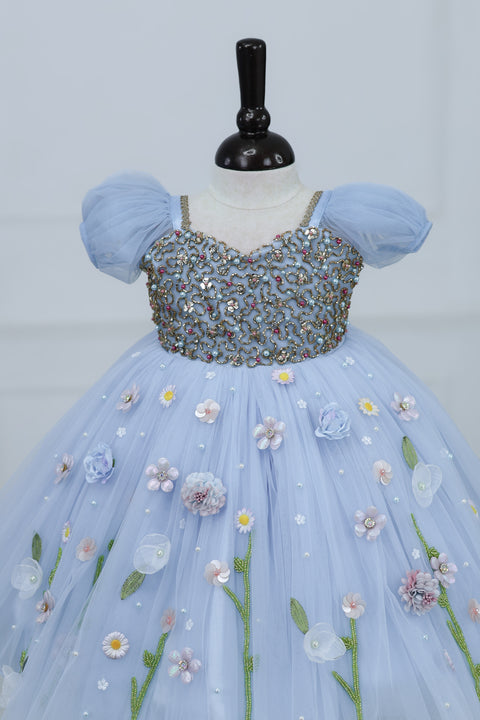 Pre-Order: Dusty Blue Gown with Intricate Handworks and Flowers