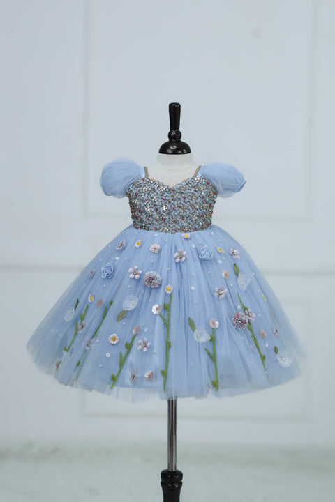 Pre-Order: Dusty Blue Gown with Intricate Handworks and Flowers